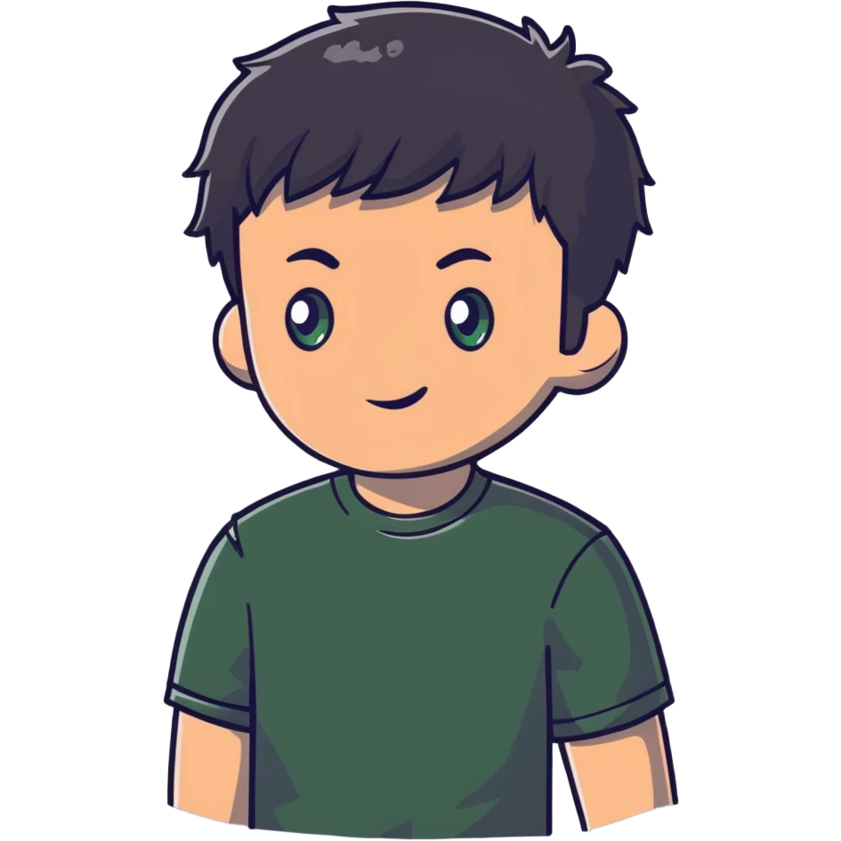 man with dark messy short hair, dark green eyes, wearing a gray t-shirt emoji