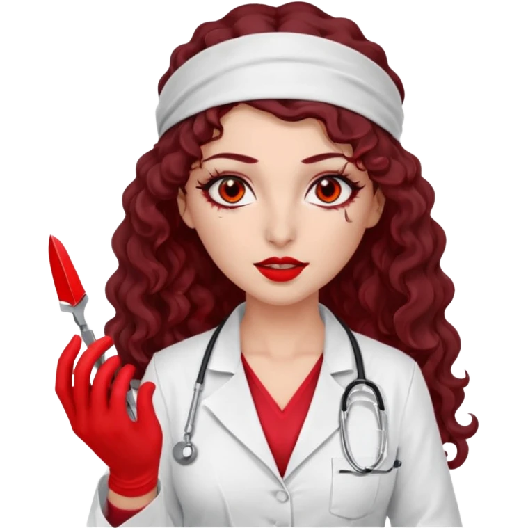 Lilith scalpel in hand, evil surgeon outfit.  She has red eyes. She has dark brown curly hair. Hair is long . Wears sexy doctor outfit with red gloves. Covers nose, neck and mouth with Muslims  emoji