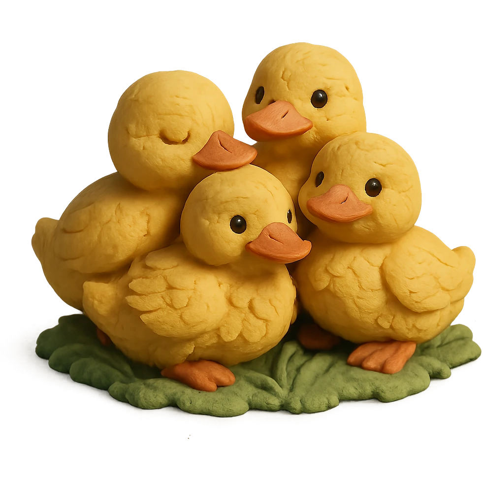 ducklings huddled together on grass, cozy and cheerful, detailed feathers, claymation style emoji