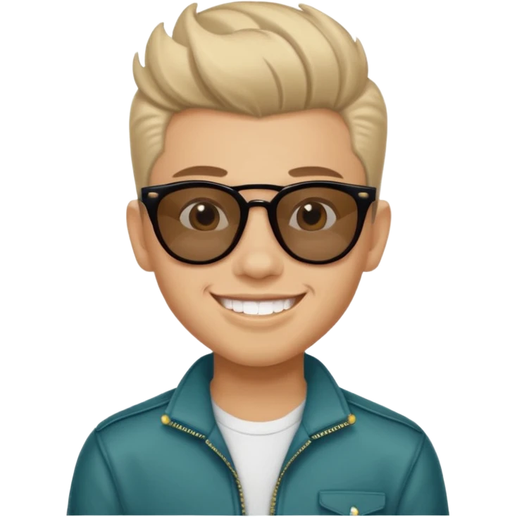 14 year old Mexican with a pompadour with the left side of his hair a little bit on the face grinning with sunglasses emoji