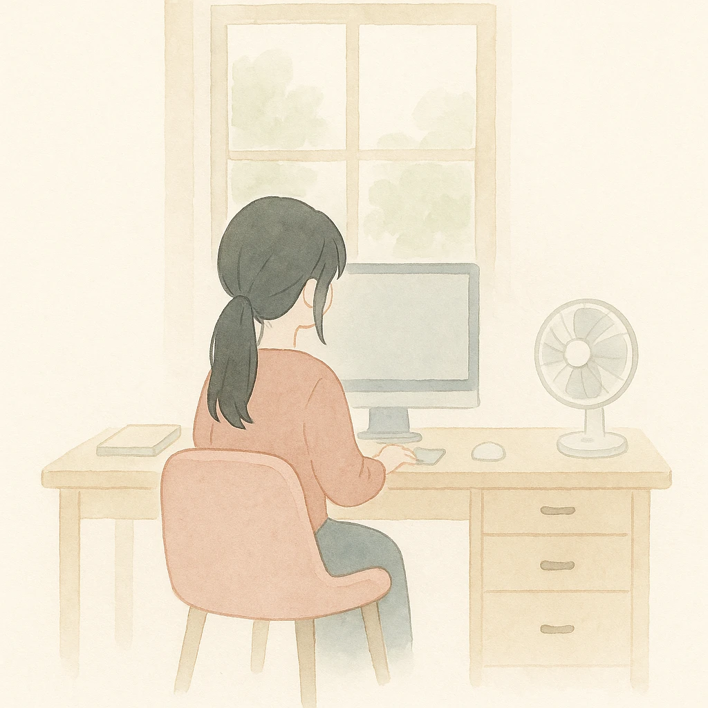 soft watercolor illustration of a minimalist modern study or work area with a girl with long dark hair tied back viewed from behind sitting at a wooden desk with drawers and metal handles by a large window showing green foliage outside, workspace efficiently organized with a computer monitor in the center of the desk and a white electric fan on the right side, girl sitting on a pink cozy chair, pastel colors, delicate linework, gentle whimsical mood, anime-inspired features, minimal soft shading emoji