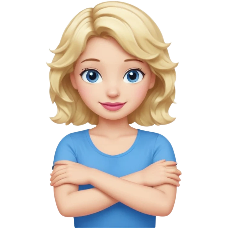 Girl Blonde short wavy hair,  blue eyes, cute blue top, long lashes, pink lips, smiling, making cross arms X with arms  emoji