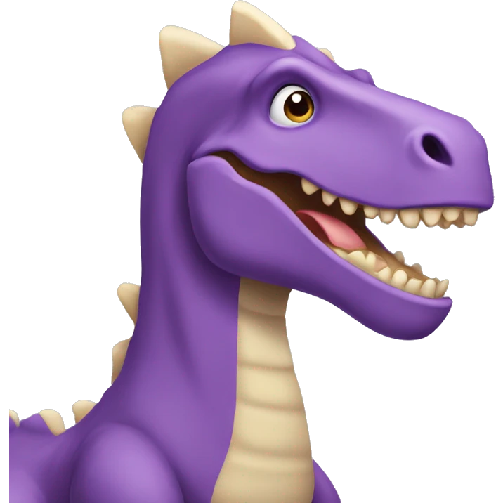 A tall purple dinosaur with blonde hair and with the writing “Mirasaur” emoji