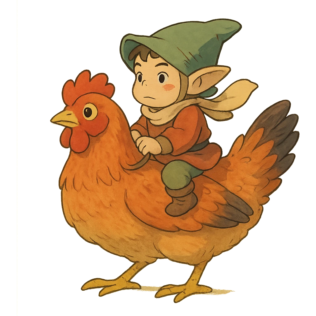 ghibli style chicken jockey small character riding a chicken emoji