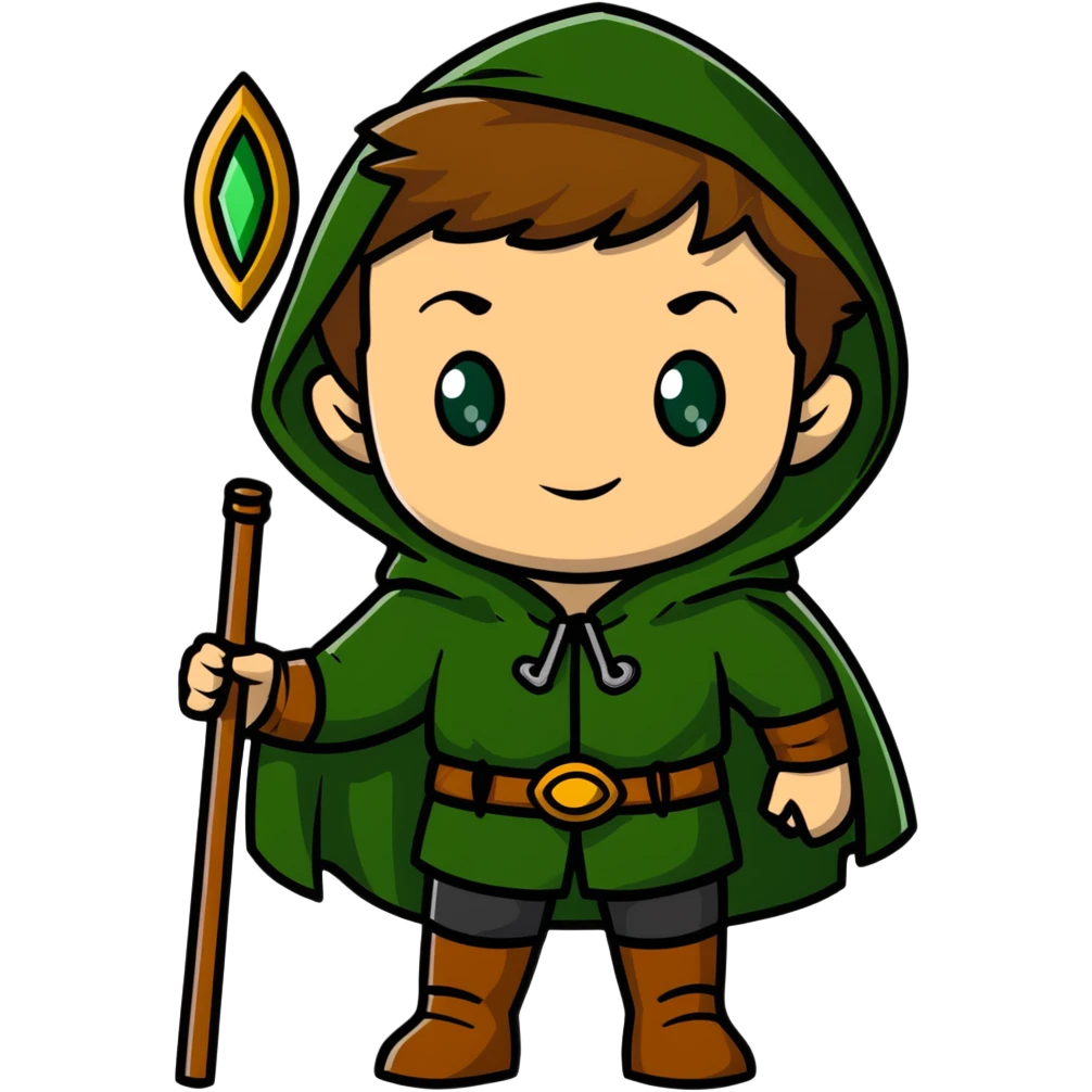 Rudeus Greyrat from Mushoku Tensei, green eyes, short light brown hair, wearing adventurer's outfit with a green cloak, holding a staff, confident and curious expression emoji