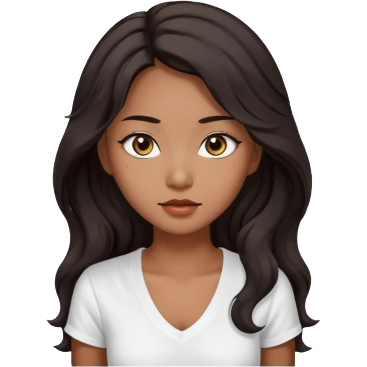 iOS style emoji. A girl with very long dark brown wavy hair. And the eyes color is dark brown. And she is wearing white t shirt with V kneck. And she is 30. She is Asian with double eyelids  emoji