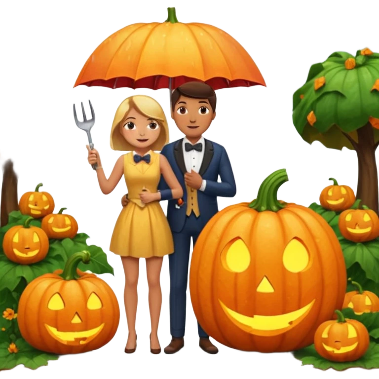 Make a guy hugging a giant pumpkin with a fork in his right hand while there's fire while there's a lady watching while it's raining while there's an umbrella on the ground that's alive and the sun has a bow tie on his neck emoji