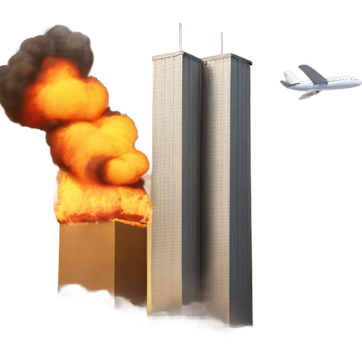 Two square towers on fire and an airplane in background emoji