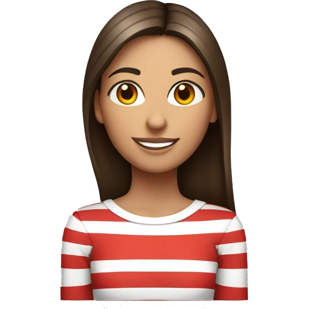 Portrait of an adult girl, tanned skin, dark long straight brown hair, dark eyes, smiling, wearing a white long sleeve with red horizontal thin stripes. emoji