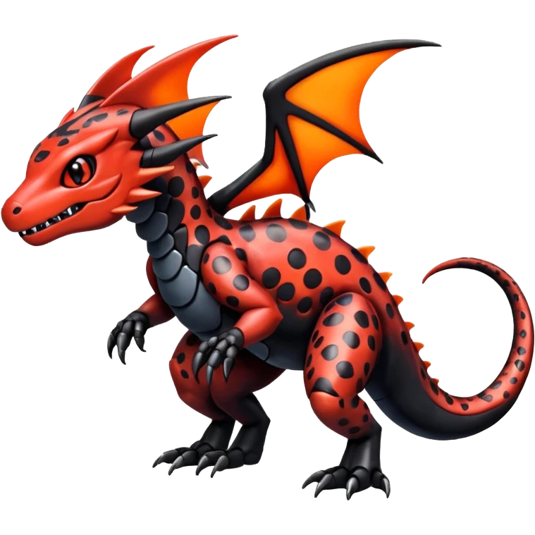 Cute Shiny spotted black and red iridescent Guilmon-Salandit-Fakémon-hybrid-creature (full body)  emoji