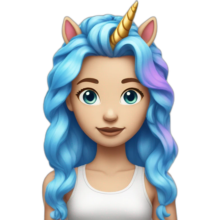 Girl with one unicorn horn on the forehead, and rainbow hair, light white skin tone andblue eyes emoji