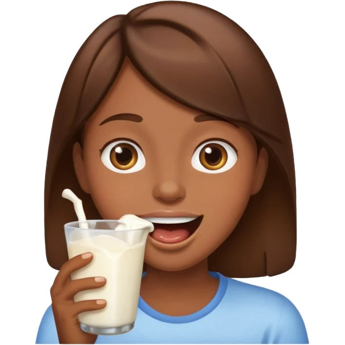 Happy brown hair emoji with milk spilling from mouth emoji