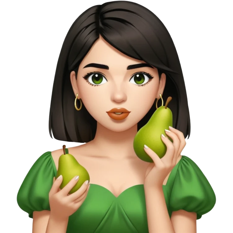 Dua Lipa in the same green dress eating a pear emoji