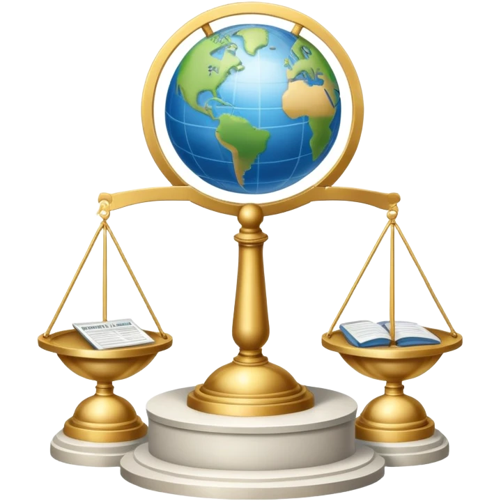 An icon featuring a podium with microphones, scales of justice, and a government building, symbolizing political science. The design includes a globe and voting ballot to represent global politics and civic participation. Transparent background highlights governance, policy, and political analysis. emoji