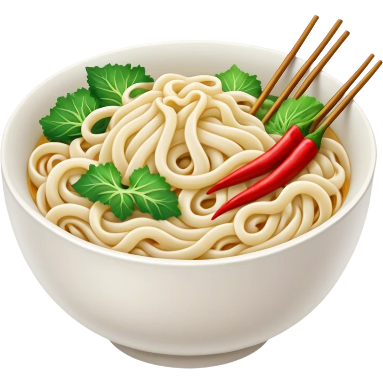 A bowl of udon noodles with green cabbage, chillies and enoki mushrooms emoji