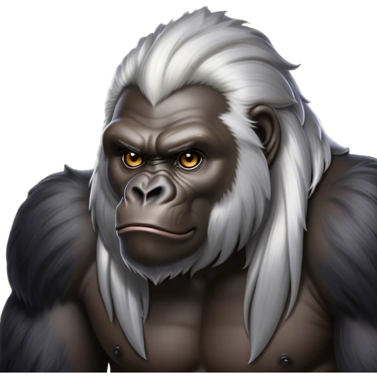 Cinematic Noble mountain Gorilla Portrait Emoji, Poised and majestic, with a powerful, muscular frame accentuated by a distinguished silver mane and piercing, wise eyes, Simplified yet sharp and sophisticated features, highly detailed, glowing with a soft, regal jungle glow, high shine, intelligent and commanding, stylized with an air of imperial strength, focused and resolute, soft glowing outline, capturing the essence of a watchful guardian that feels as though it could step out of the screen with effortless authority! emoji