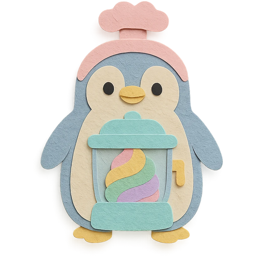 cute penguin-shaped ice cream maker, fluffy, making pastel rainbow ice cream, pastel colors, full-body emoji