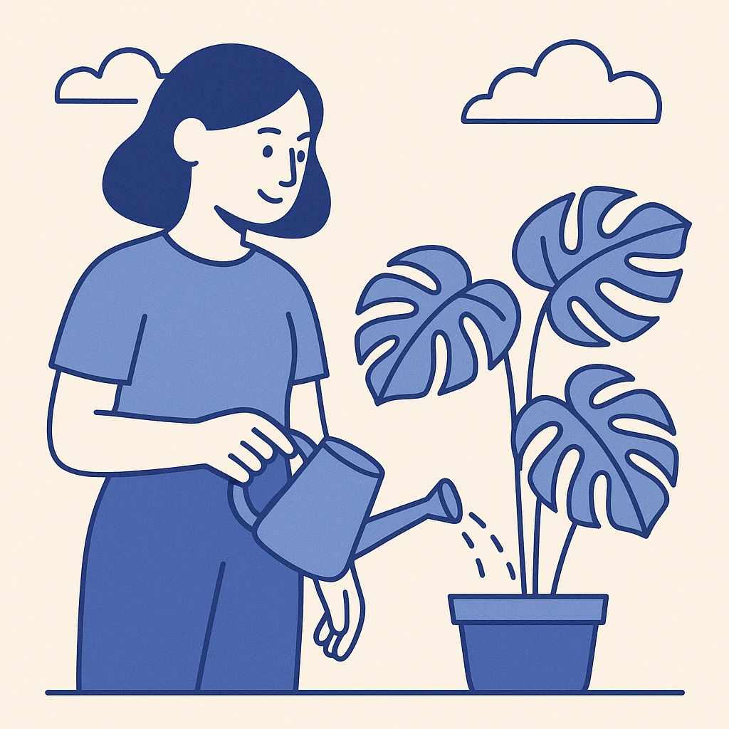 woman watering her monstera plant emoji