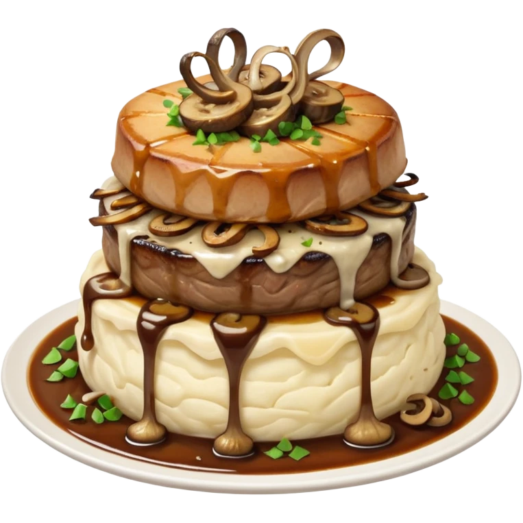 Filet mignon, on a bed of mashed potatoes and gravy , smothered in grilled stringy onions and grilled mushrooms, topped with crispy onions  emoji
