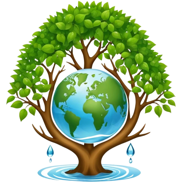 An icon featuring a tree, a recycling symbol, and a globe, representing ecology. The design includes green leaves, a water droplet, and wildlife, symbolizing the study of ecosystems, sustainability, and environmental protection. Transparent background. emoji