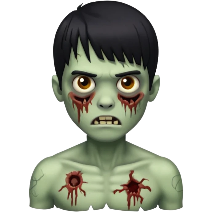 Menino de cabelo liso preto com franja zumbi sem camisa emoji