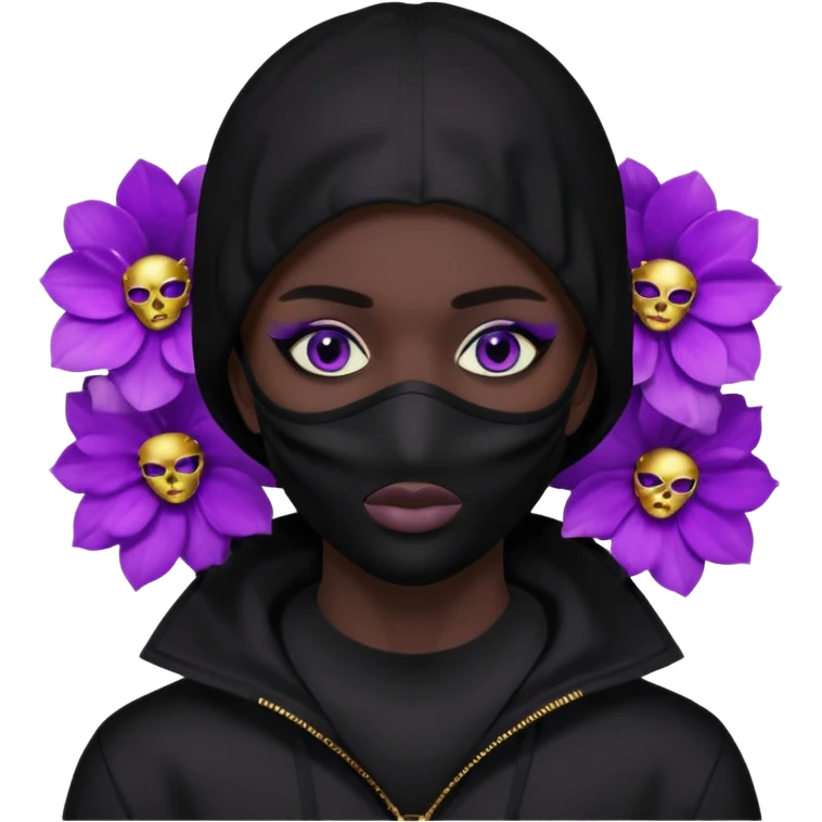 no visible face non human cartoon character related to a shadow, with all black clothes, focusing a black hoodie, and a black versace face mask covering his entire face, just his purple shadow eyes making a light bloom emoji