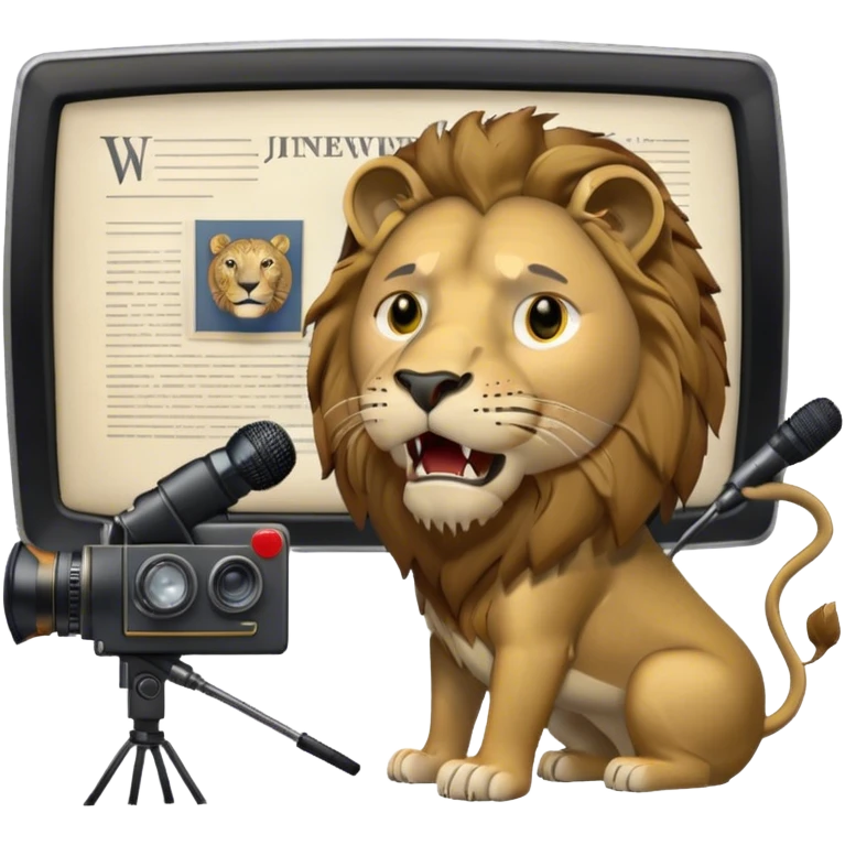 Icon for Documentary TV Show: A TV screen with a microphone, books, historical documents and scientific symbols. Include a roaring lion or other animal, interview setup with a camera and a serious-looking news anchor or narrator. Transparent background. emoji