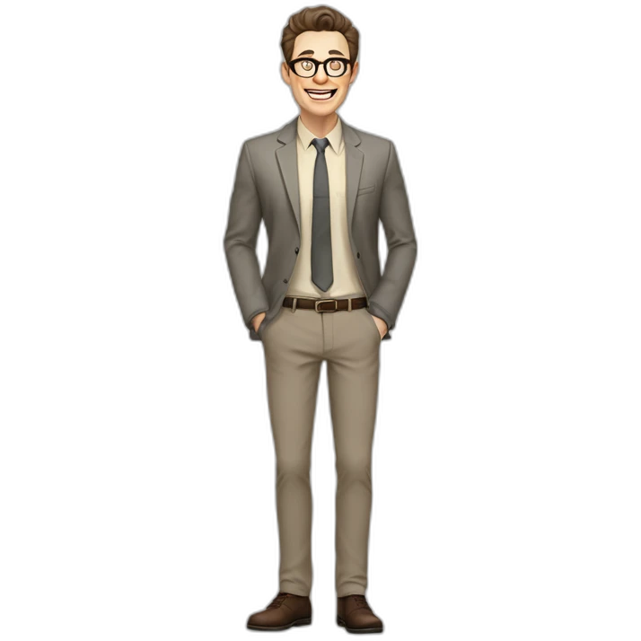 Joyful Full height Pale skinned Fit Man With dark brown hair in gray jacket, beige office shirt, Brown pants and vintage glasses. His thrumbs up emoji
