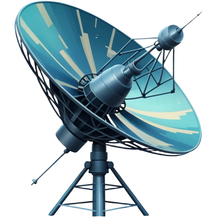 Minimalist emoji-style sticker of an old-school satellite antenna with distorted, glitched signal waves. Clean icon style. emoji