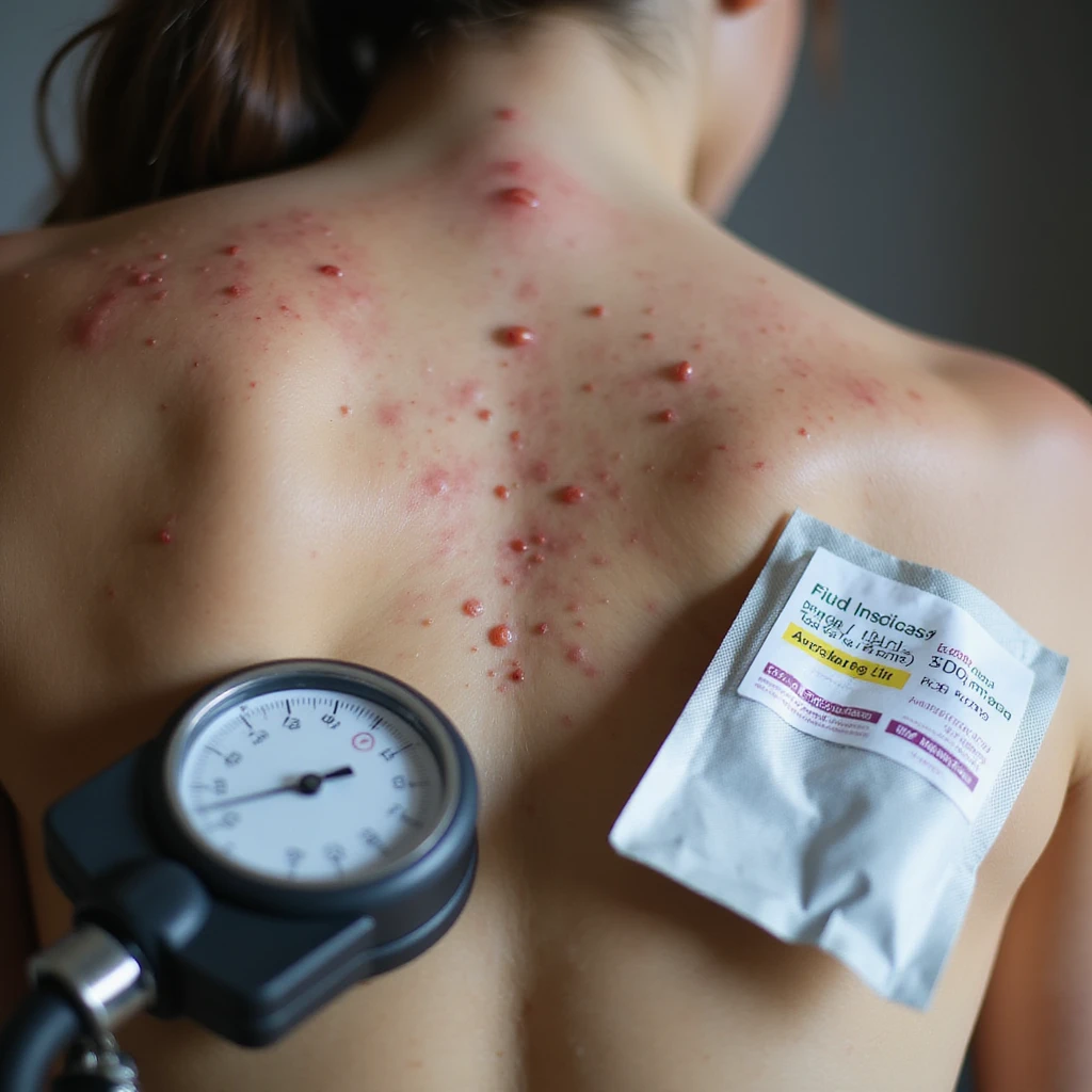 realistic close-up detail of acne on back, reddened skin, medicine package for blood pressure next to a pressure monitor, visible side effects emoji