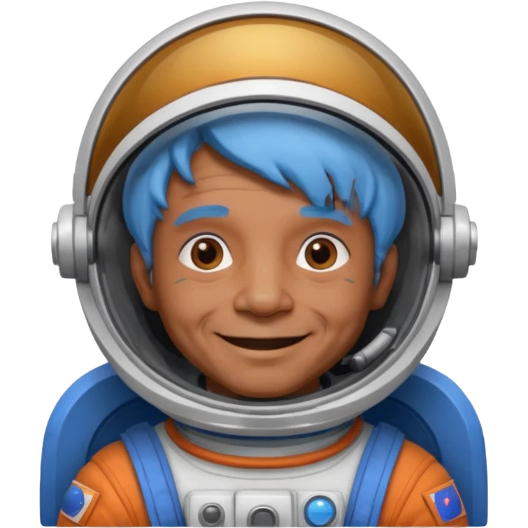 old man, brown skin astronaut with blue hair, smile emoji