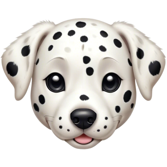 Cinematic Cute Spotted Dalmatian Portrait Emoji, Head tilted playfully and inquisitively, featuring a glossy Fur of predominantly white with dynamic black patches, round, sparkling eyes filled with gentle curiosity, Simplified yet irresistibly adorable features, highly detailed, glowing with a warm, friendly glow, high shine, affectionate and gentle, stylized with a touch of whimsy, bright and endearing, soft glowing outline, capturing the essence of a mischievous yet loving pup, so playful it feels like it could lumber out of the screen and into your arms! emoji