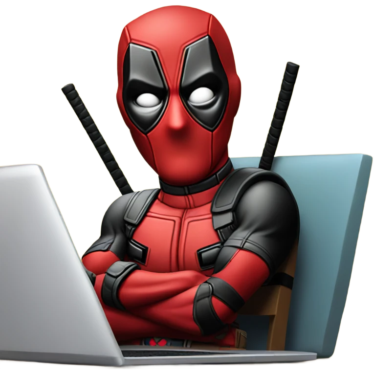 Cute Deadpool sitting at a desk, front view laptop emoji