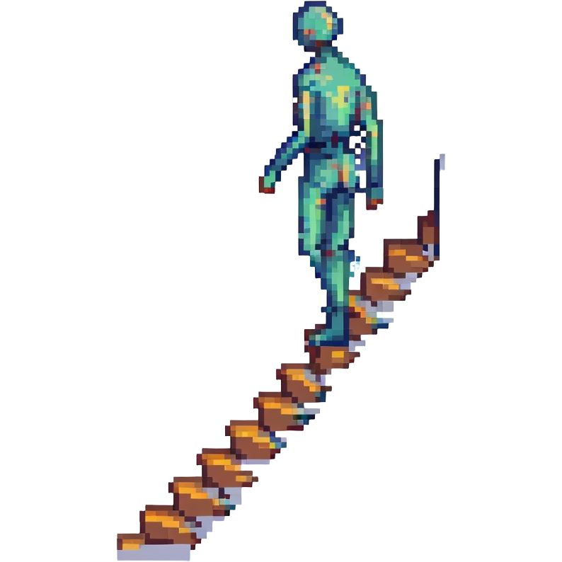 pixel art of a person whose body transforms into a staircase, with steps forming part of their limbs emoji