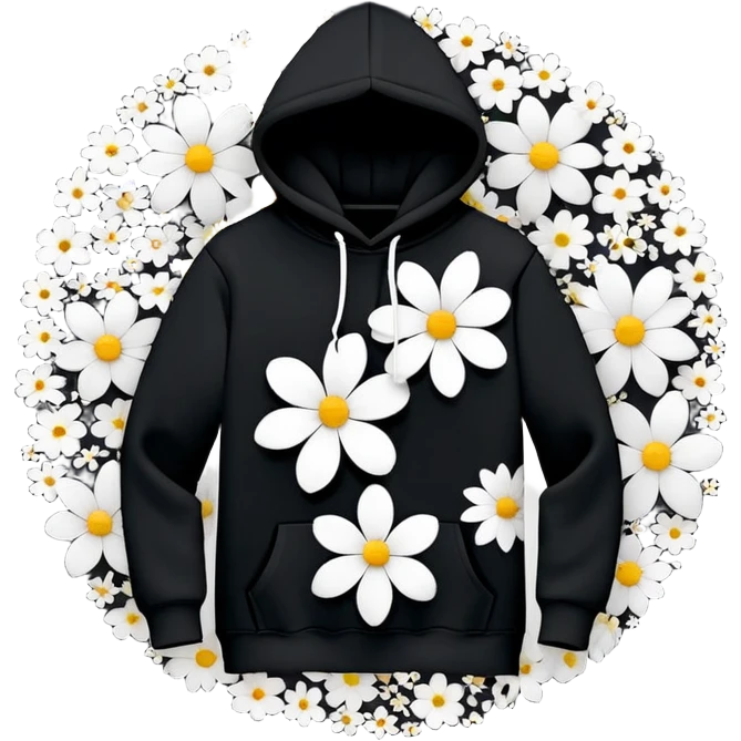 "Design a black hoodie adorned with scattered, medium-sized black and white flowers. Each flower should consist of a bold, thick white ring forming the petals, with a completely hollow center, creating an open, circular look. The flowers should have an irregular, asymmetrical shape and be evenly distributed across the hoodie, including the sleeves and hood. Keep the design minimalistic—no detailed petals, shading, or filled centers, just simple, bold, hollow ring-like floral patterns." emoji