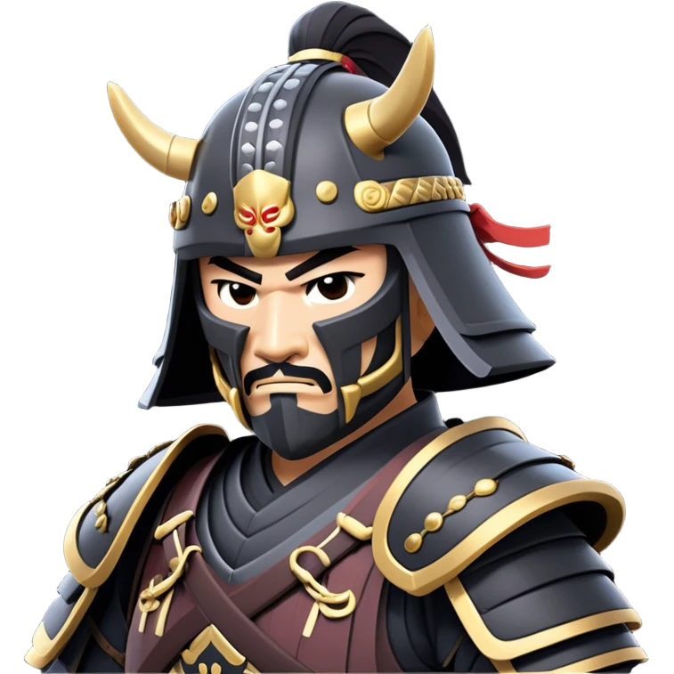clash-of-clans-aesthetic_-cinematic-fearsome-and-majestic-samurai-bust-portrait-emoji, rendered in a flat, vector-style with minimal shading and bold, simplified shapes typical of emoji art, depicting a battle-hardened samurai with black mask and traditional black Japanese armor. The samurai is riding a noble grey warhorse adorned with an intricately designed saddle and fluttering banners and a rising sun. a samurai on a   horse emoji