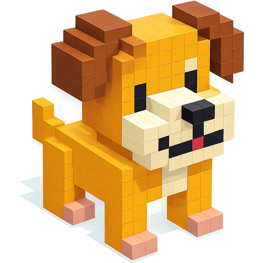 <SystemPrompt>
                <Style>
                  <Name>Voxel Emoji Art</Name>
                  <Description>A playful, isometric voxel style that mimics pixel art in 3D, commonly used for emojis, UI icons, and symbols. Rendered with bright, vibrant colors and no shadows.</Description>
                  <VisualRules>
                    <Geometry>
                      <BaseUnit>Cube</BaseUnit>
                      <GridAlignment>Isometric</GridAlignment>
                      <VoxelSize>Consistent</VoxelSize>
                    </Geometry>
                    <Color>
                      <Palette>Vivid and High Saturation</Palette>
                      <Gradient>Allowed on faces for subtle lighting</Gradient>
                    </Color>
                    <Lighting>
                      <Style>Soft studio lighting</Style>
                      <Shadows>Subtle ambient shadows</Shadows>
                    </Lighting>
                    <Detailing>
                      <Outline>None</Outline>
                      <Texture>Flat color (no texture noise)</Texture>
                      <Effects>None</Effects>
                    </Detailing>
                  </VisualRules>
                </Style>
                <Generation>
                  <PromptTemplate>
                    <![CDATA[
                      Render a voxel-style 3D illustration of a {subject}, using bright colors and blocky pixelated geometry. The object should appear playful and clean, similar to emoji aesthetics, with no shadows and no outlines. Lighting should enhance the 3D depth without harsh contrast.
                    ]]>
                  </PromptTemplate>
                </Generation>
              </SystemPrompt>
              {subject} = dog emoji