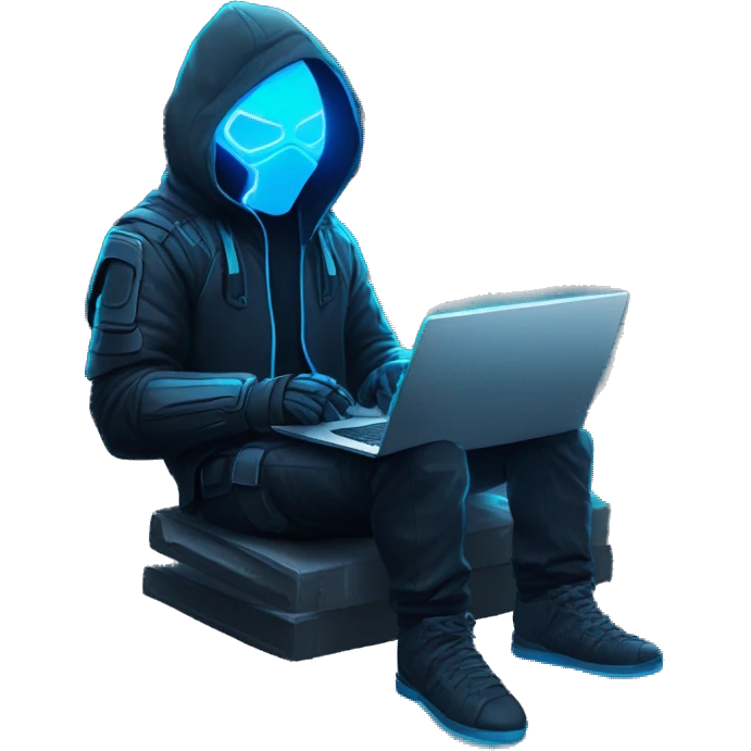 Hacker behind his laptop with this style : crysis Cyberpunk Valorant neon glowing bright blue character blue black hooded assassin themed character emoji