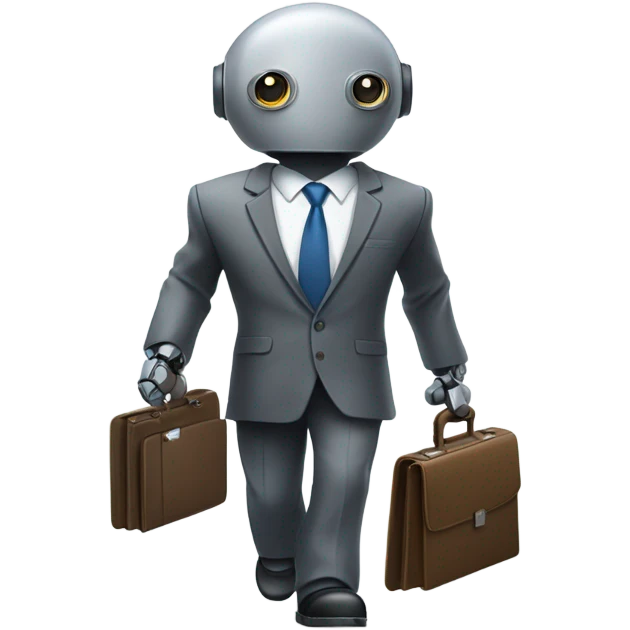Robot with a business suit and briefcase walking into work with message “living the dream” emoji