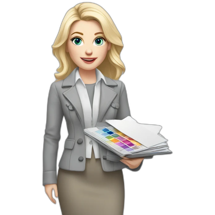 pale skin woman interior designer with cold blonde middle length hair, blue eyes, White blouse, Gray oversize jacket, Gray skirt holding a color palette in the hands emoji