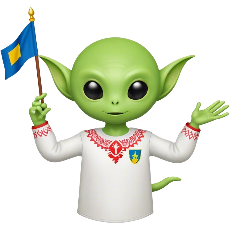 Green alien in Shirt 👚 vyshyvanka, white with red embodiary on sleeved, with 🇺🇦 Ukraine flag in a hand and 💪 emoji