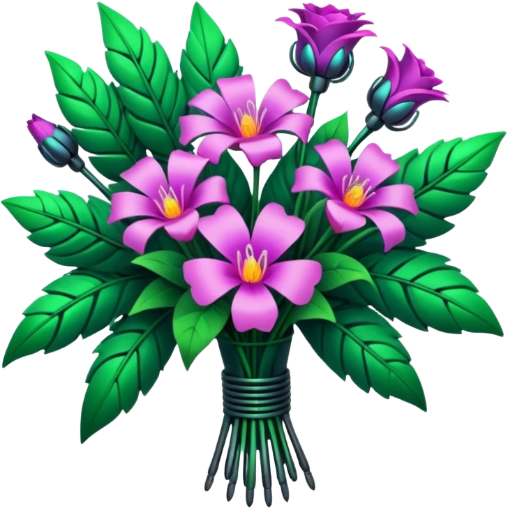 Rare 8k.quailty oversized beautiful, colorful, glowing detailed cyberpunk style bouquet of flowers. Must have lush green leaves. Clean thin lines, smooth appearance, no emoji icons, no background, isolated, rendering. emoji