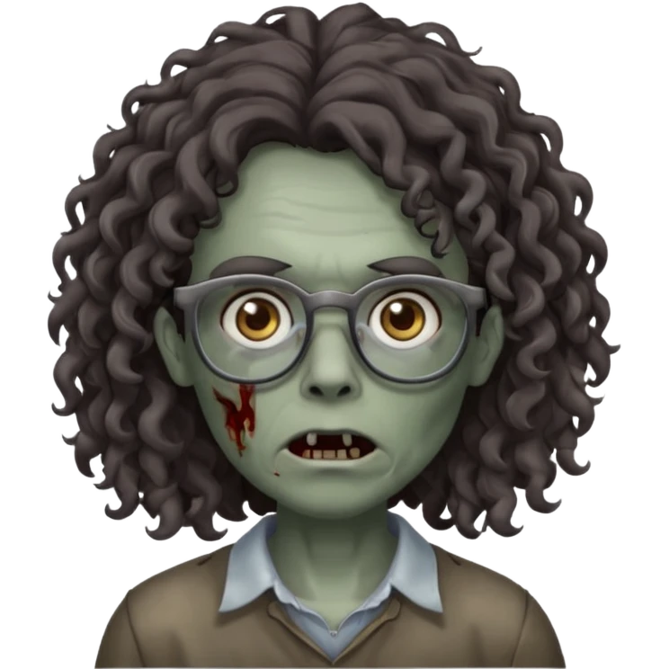 make a zombie with grey skin and long dark brown curly hair and glasses emoji