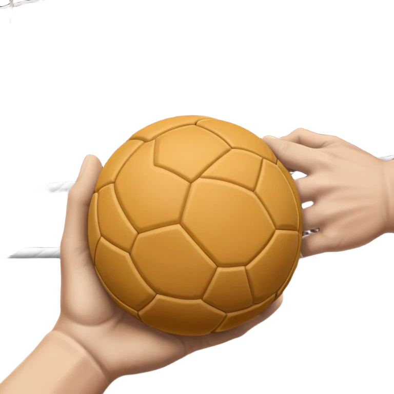 A close-up of a hand gripping a handball, with the handball gates visible in the background. The focus is on the texture of the ball and the strength of the grip, with the goal net slightly blurred to emphasize the anticipation of the throw. emoji