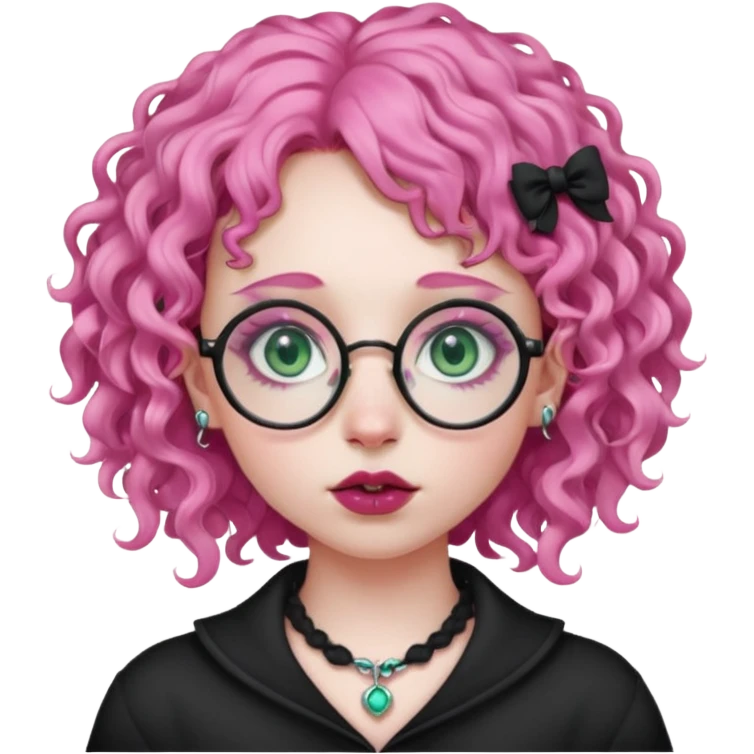 . Gothic girl with pink curly hair, round glasses, septum piercing, nostril piercing, almond eyes, blueish green eyes, emoji