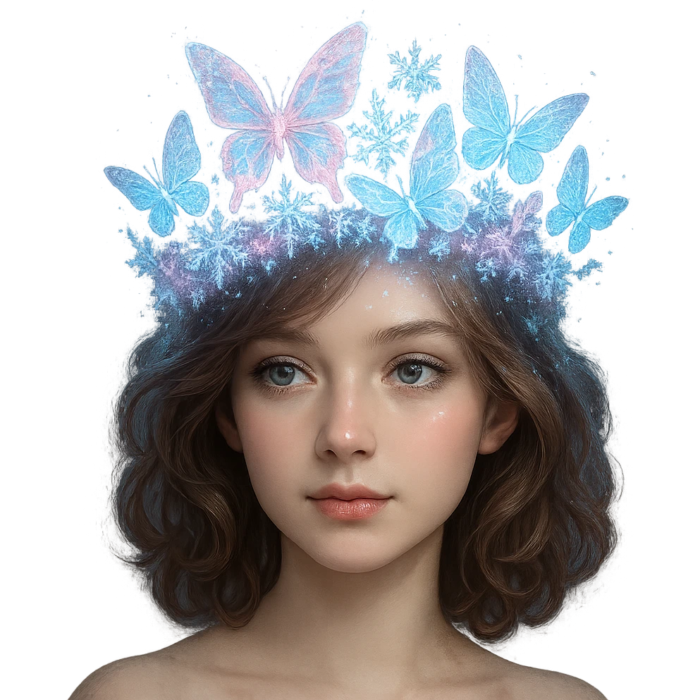 Change the butterfly crown to icy pink with blue and white butterflies, snowflake details, and a frosty glow. Keep the background transparent. emoji