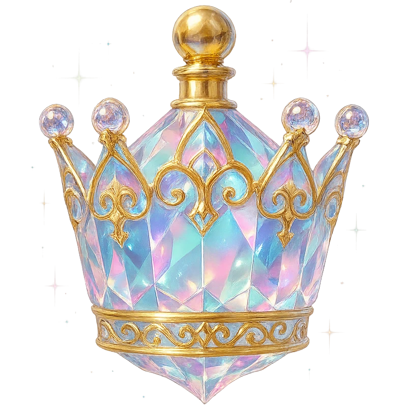 crystal luxurious elixir bottle shaped like a crown, pastel gradient, lots of shine, facets, ornaments, golden details, magical effects, very small golden neck, transparent background, beautiful connected base, clearly floating in the air, no base or shadow, very luxurious, interesting design, fits a collection emoji