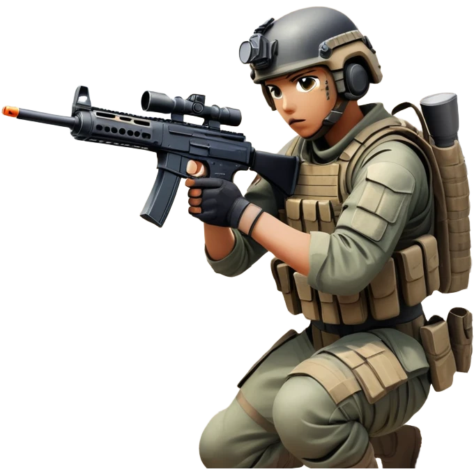 A skilled airsoft player in tactical gear, aiming a gun and shooting metal BBs in a desolate, ruined landscape. The setting is filled with broken walls and debris, creating a tense atmosphere of strategy and precision in a high-stakes tactical environment emoji