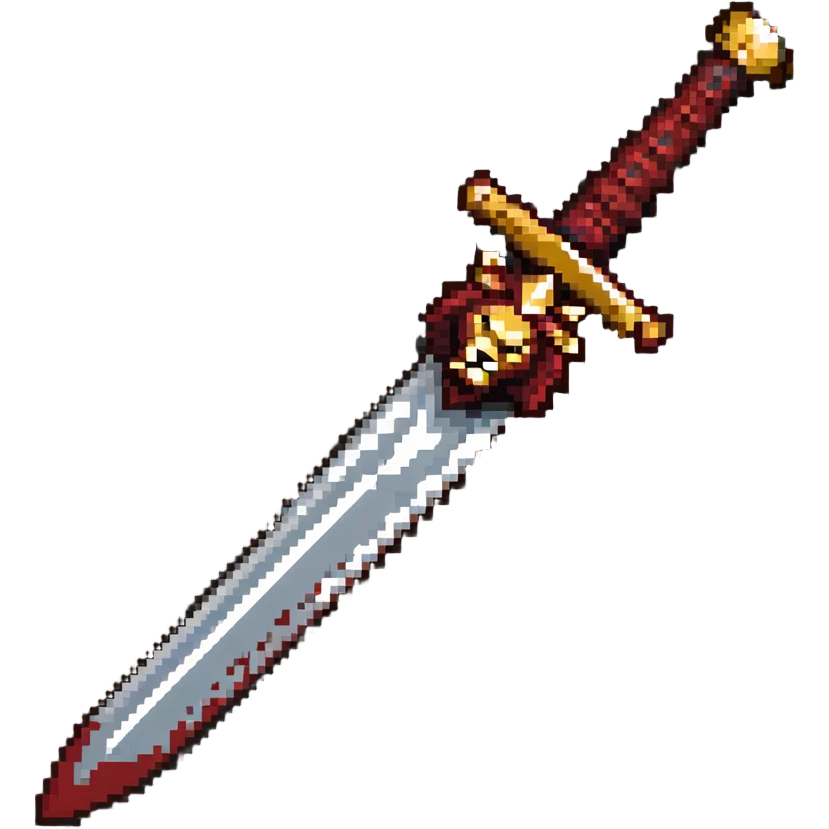 gold colored long sword with deep red handle and a gold lion on the end of the handle emoji