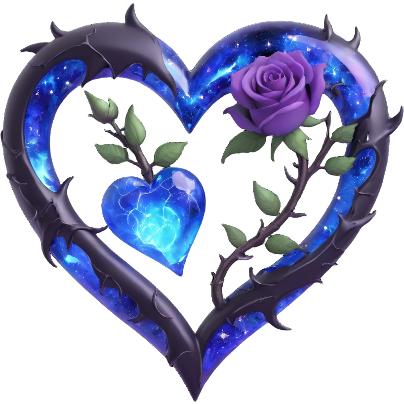 gothic heart made of cosmic black glass, silver crescent moon, galaxy roses, holographic stardust, neon blue lightning, wet and cracked glass emoji